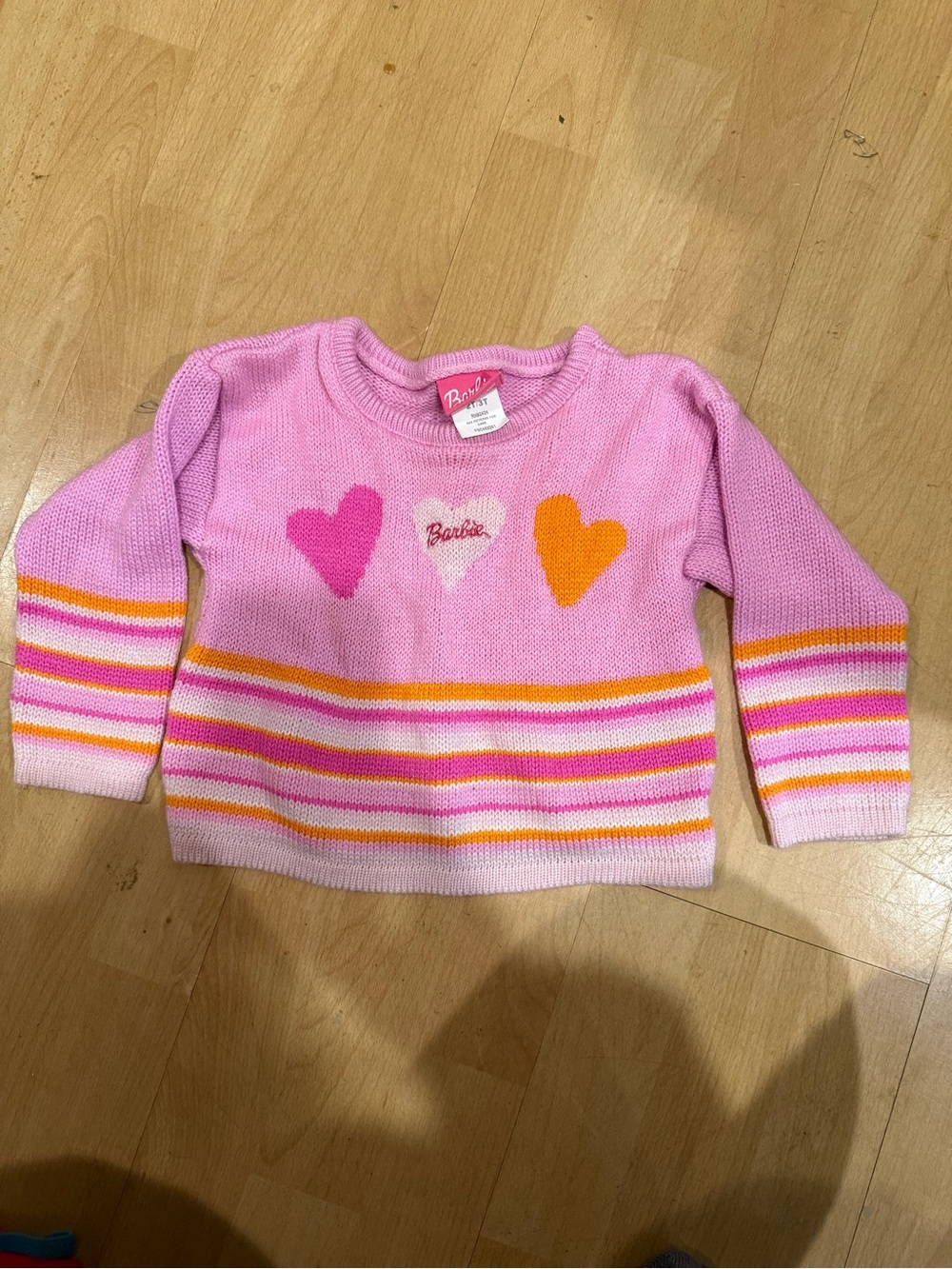 Barbie Pink Heart Stripe Knit Sweater with Orange & White Accents